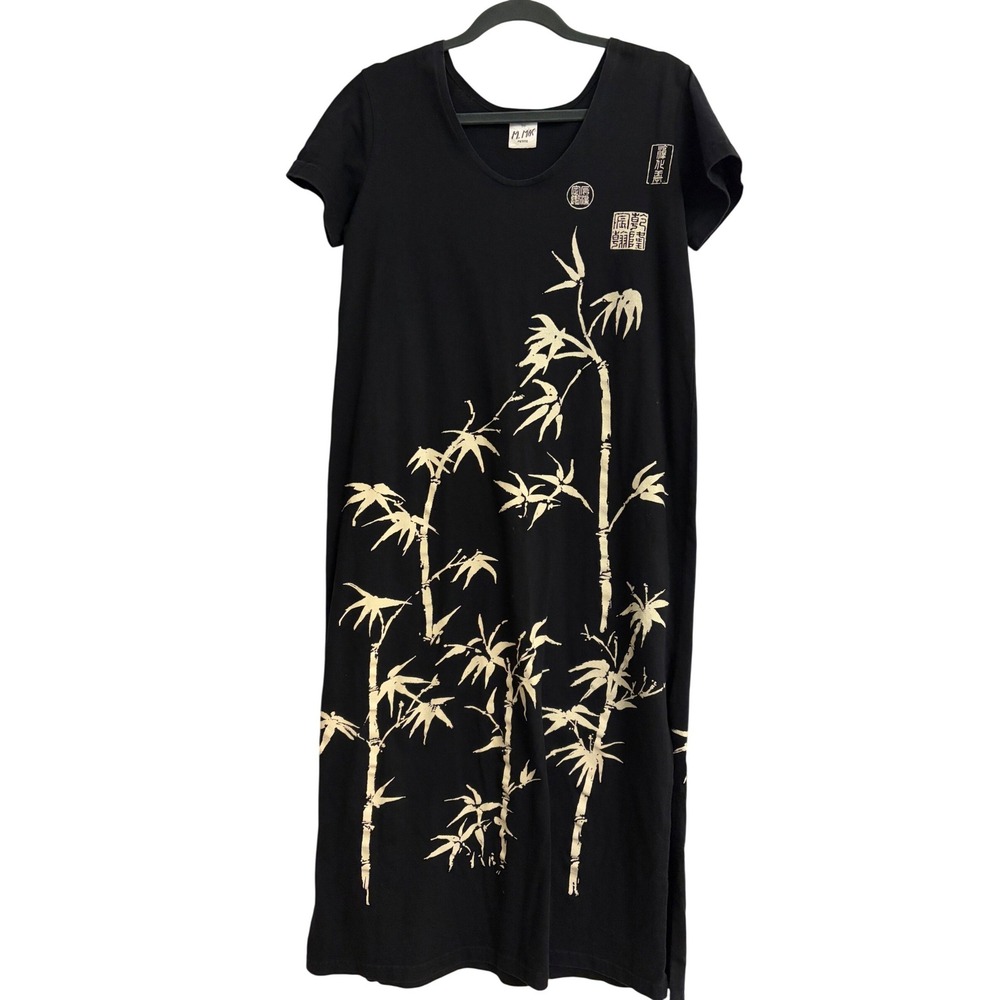 M. Mac Cotton Fields Black Bamboo Asian Print Maxi Dress Petite sz Small Beach